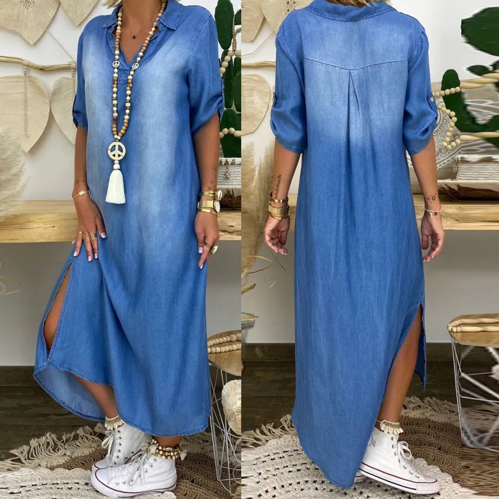 LEA – Lång klänning i jeanslook med sidoslits | Stråla Stockholm